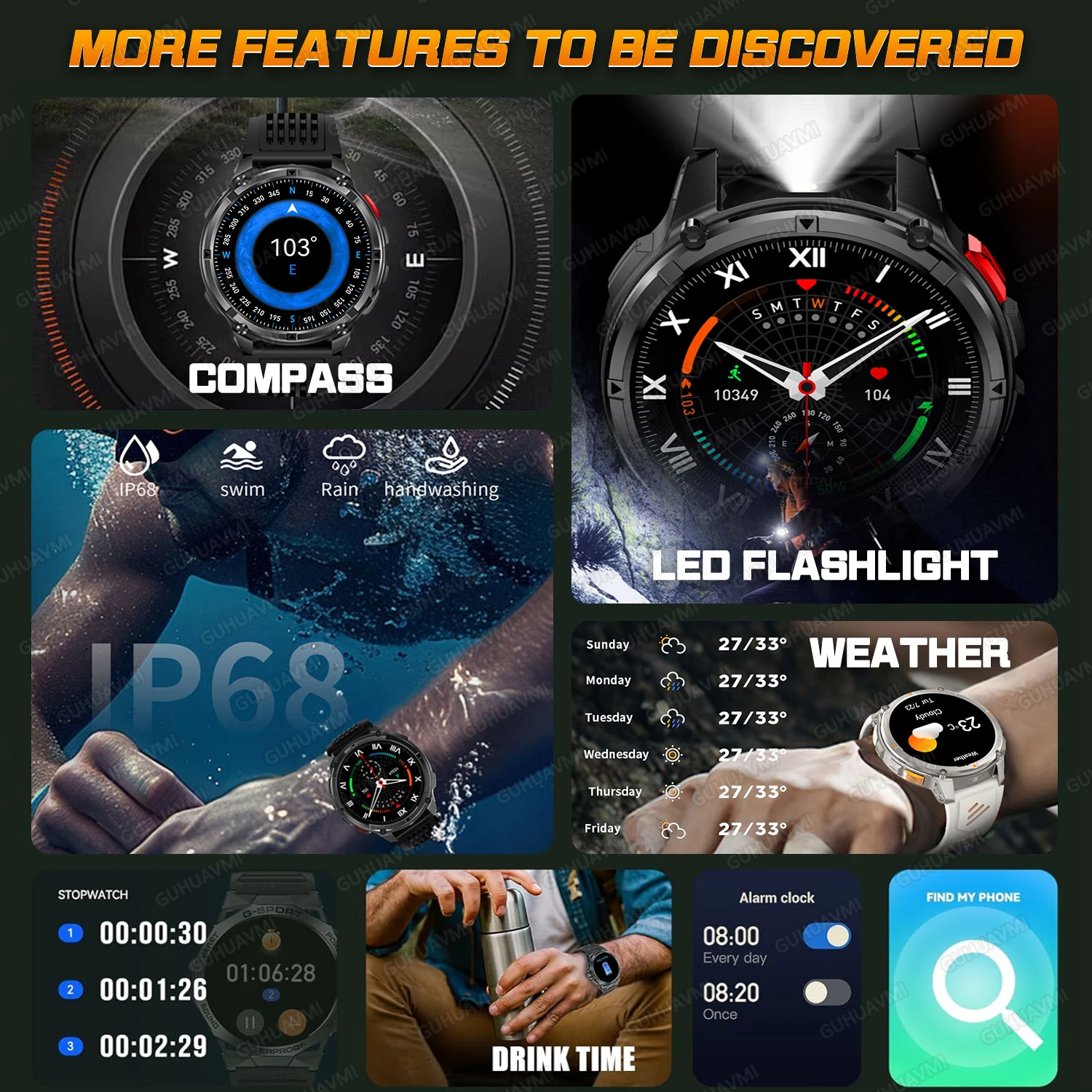 Military Grade 1100mAh Battery Smart Watch AMOLED Men Waterproof Swim Bracelet GPS Compass HD Call Sports Fitness RIDE Run Watch