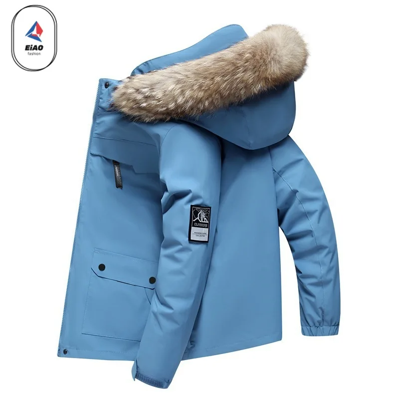 EIAO Outdoor Ski White Duck Down Parka Men Wome Winter Fashion Multi-Pocket Down Jacket Hiking Windproof Fur Collar Puffer Coat