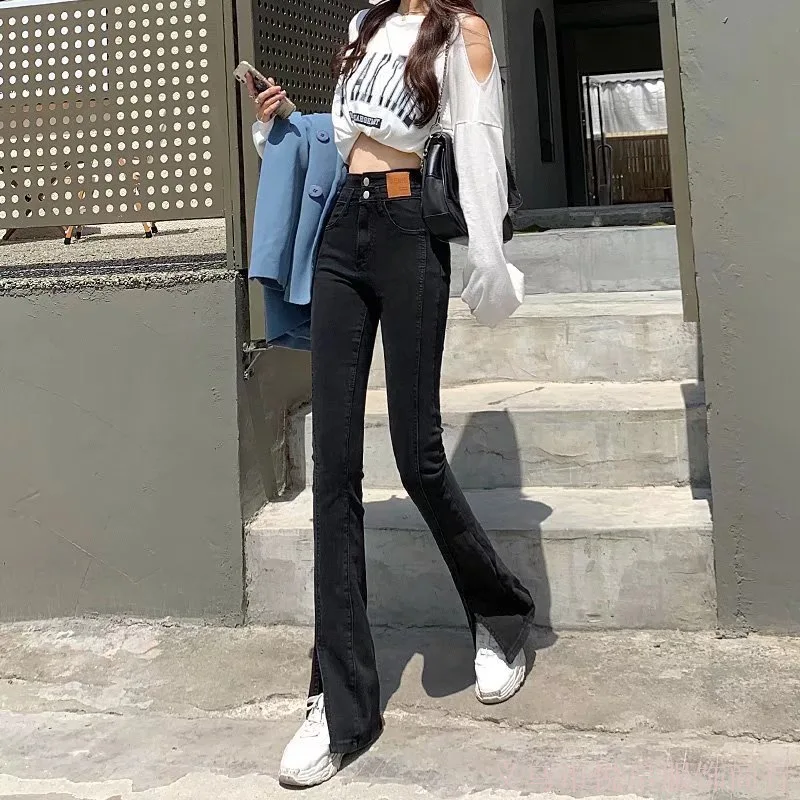 여성용 용수철 하이 웨이스트 슬릿 스트레이트 스트레치 청바지, 슬림 슬림 블랙, 작은 마이크로 플레어 팬츠, 2024