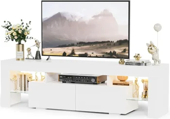 Modern LED TV Stand for Televisions up to 70 Inch with Glass Shelves and Drawer, Gaming Entertainment Center with Multiple 5