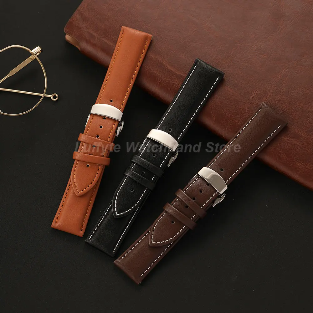 Classic Black and Brown Leather Watch Band with Butterfly Clasp Buckle – Elegant Replacement Strap