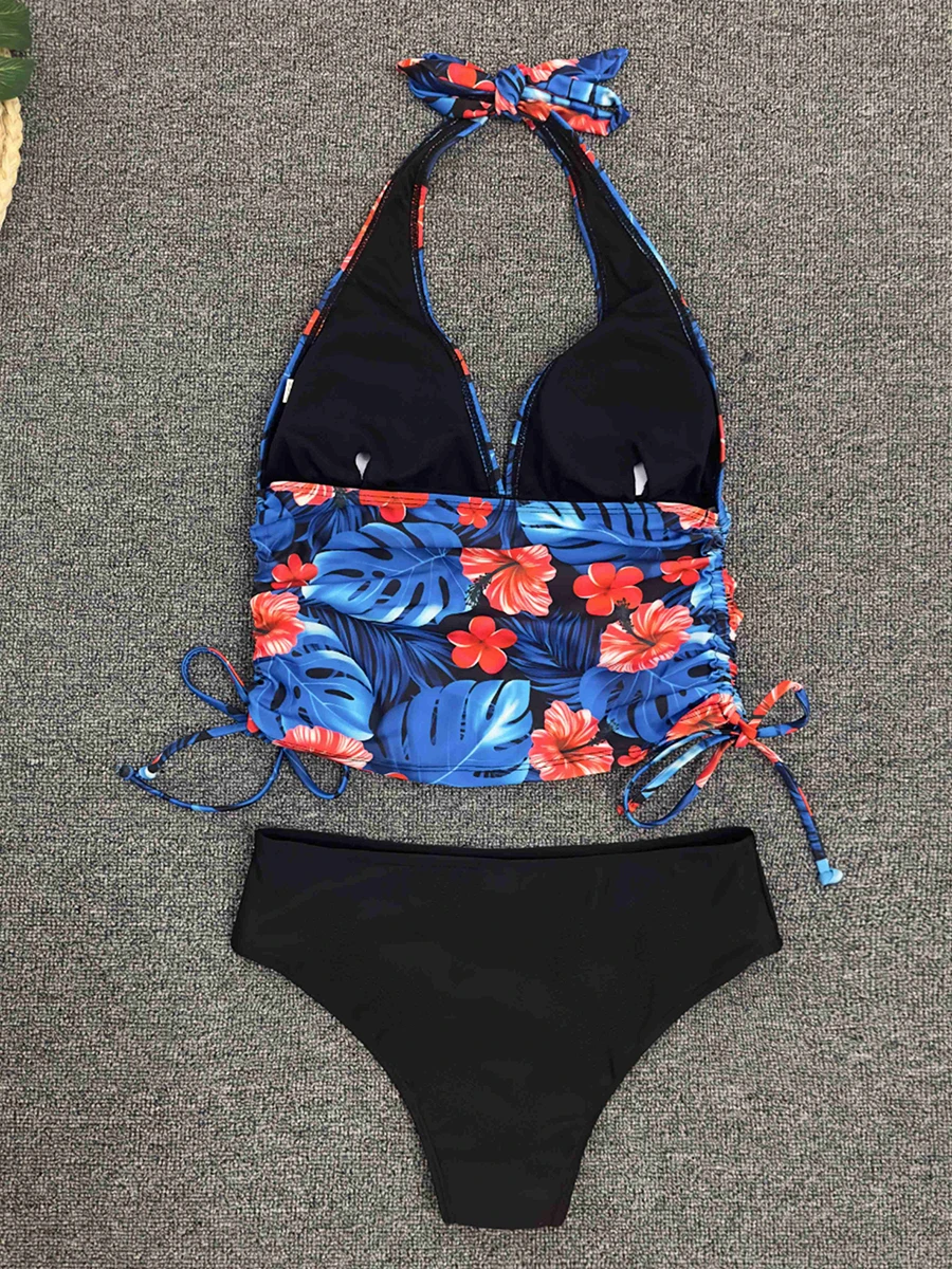Floral Halter Swimsuit Women Two Pieces Swim String Printed Swimwear Female Bathers Bathing Swimming Suit Beachwear