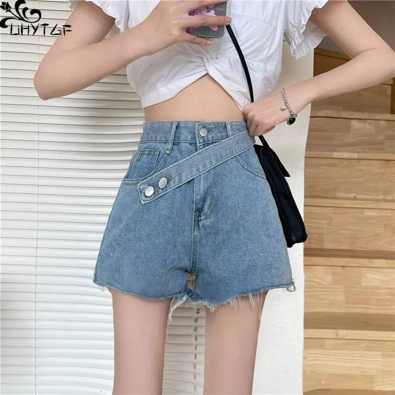 

UHYTGF Denim Shorts Women New Summer Irregularity Diagonal Belt High Waist Raw Edge Hot Pants Retro Wide Leg Female Jeans Shorts