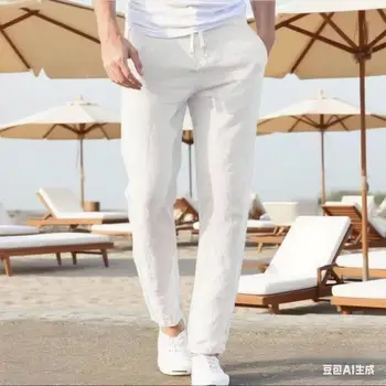 2025 Men Cotton Linen Casual Pants Baggy Streetwear Men Joggers Sports Trousers Solid Color Long Straight Trendy Pants for Men 1