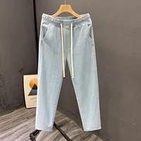 Retro American Elastic Waist Jeans Men's Thin Summer Loose Straight Leg Nine Points Wide Leg Pants Casual High Street Long Pants