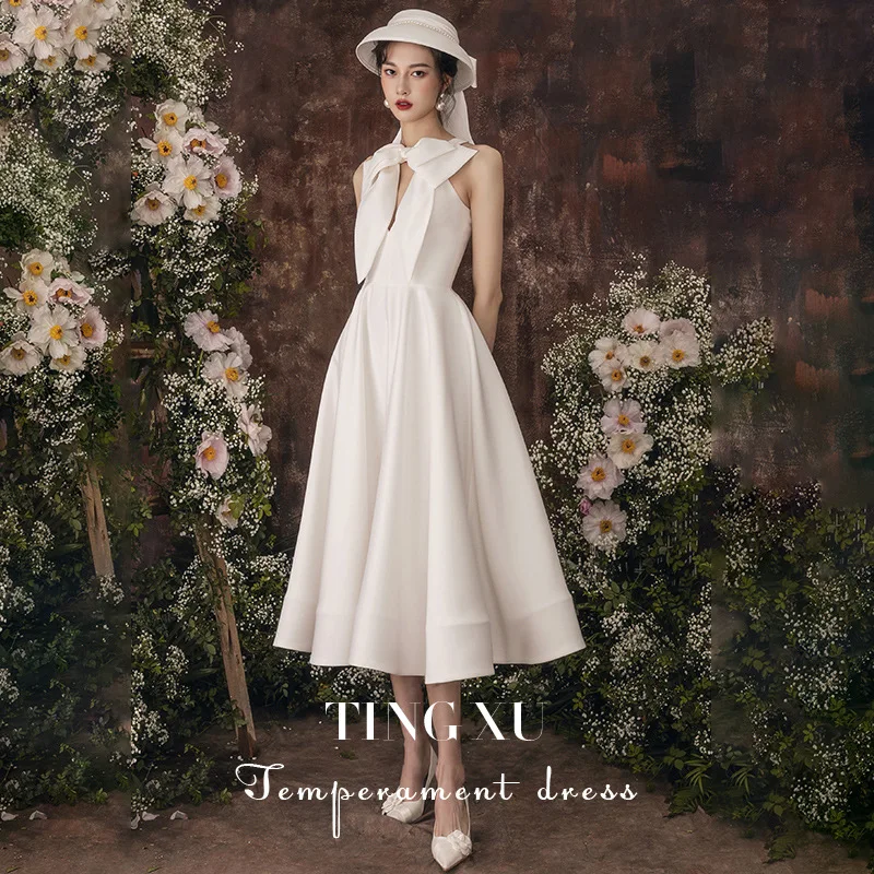 

White Prom Dresses A-Line High Neck Bow Temperament Sleeveless Tea-Length Dubai Arabia Vintage Evening Cocktail Gown New Arrival