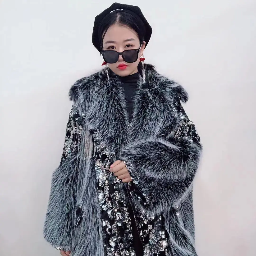 Winter Trendy Fashion High Street Tuscan Fur Coat Women's Sequin Tassel Stitching Lamb Wool Fur Jacket Oversized Coat