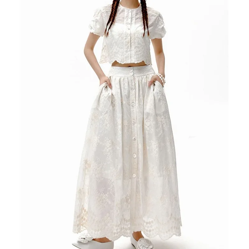 

Women Summer Embroidery Vintage Elegant Fashion Short Sleeves Crop Top Ladies Suit A-line Long Skirts Sweet Sets