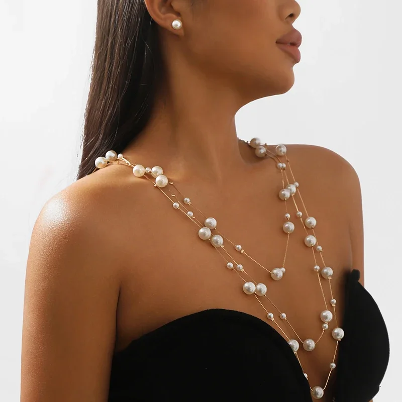 Gold Multi-layer Tassel Women's Necklace Lmitation Pearl Earrings Luxury Cold Style Clavicle Chain For Women Jewelry Accessories