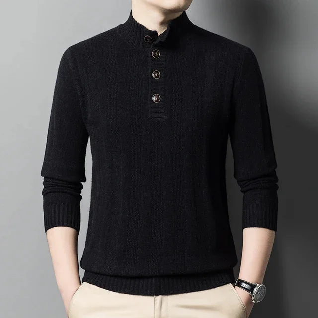 thumbnail image 1 of Suéter de lana de cuello medio con botones, grueso y cálido, nuevo, para hombre, jersey de marca de negocios para otoño e invierno, 1 of 5