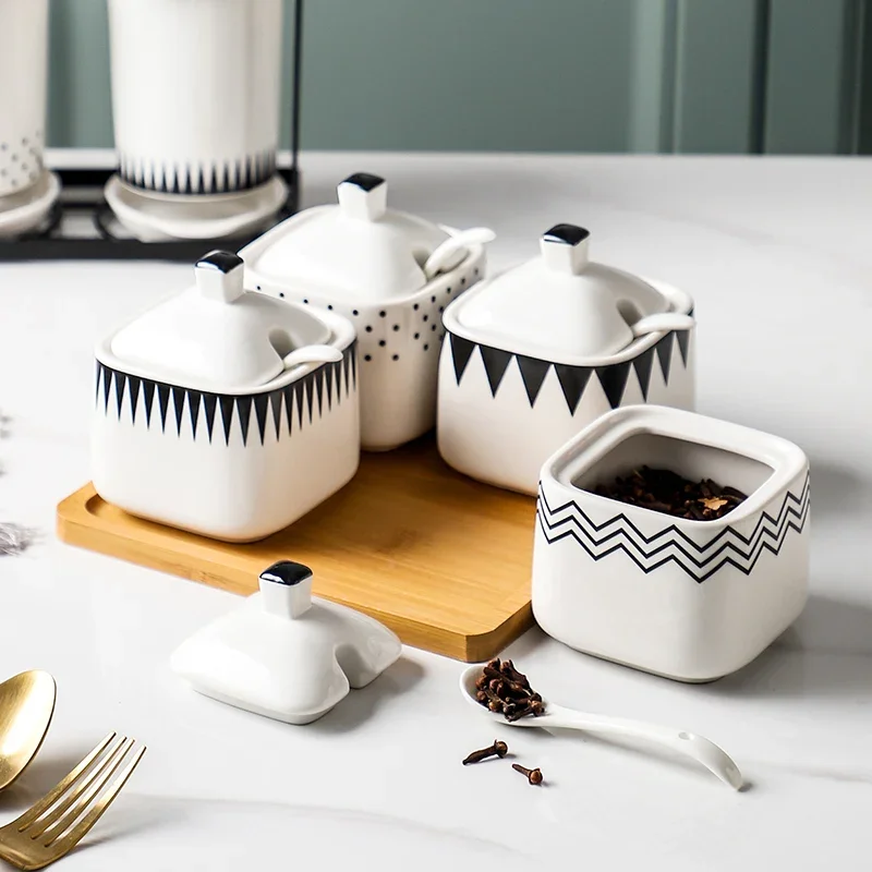 Modern Black and White Irregular Pattern Ceramic Spice Jar Bottle Household Kitchen Salt Sugar Seasoning Box Grain Jar Container