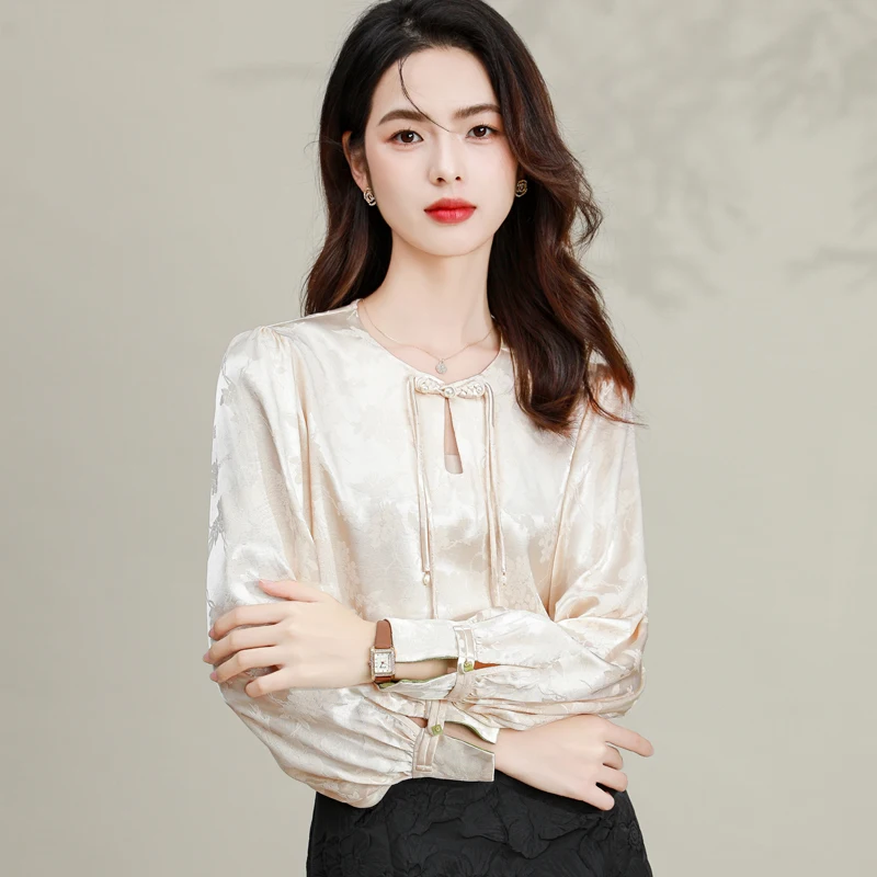 2024 Women Silk Jacquard Tops Beige Low-key Floral Pattern Blouses New Chinese Qipao Style Clothes Office Lady Elegant Attire