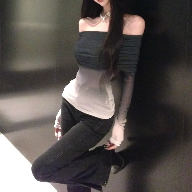 

Y2k Vintage Sexy Aesthetics T-shirt Women Strapless Slant Neck Tees Shirts Long Sleeve Streetwear Harajuku Tops Gothic Tshirt