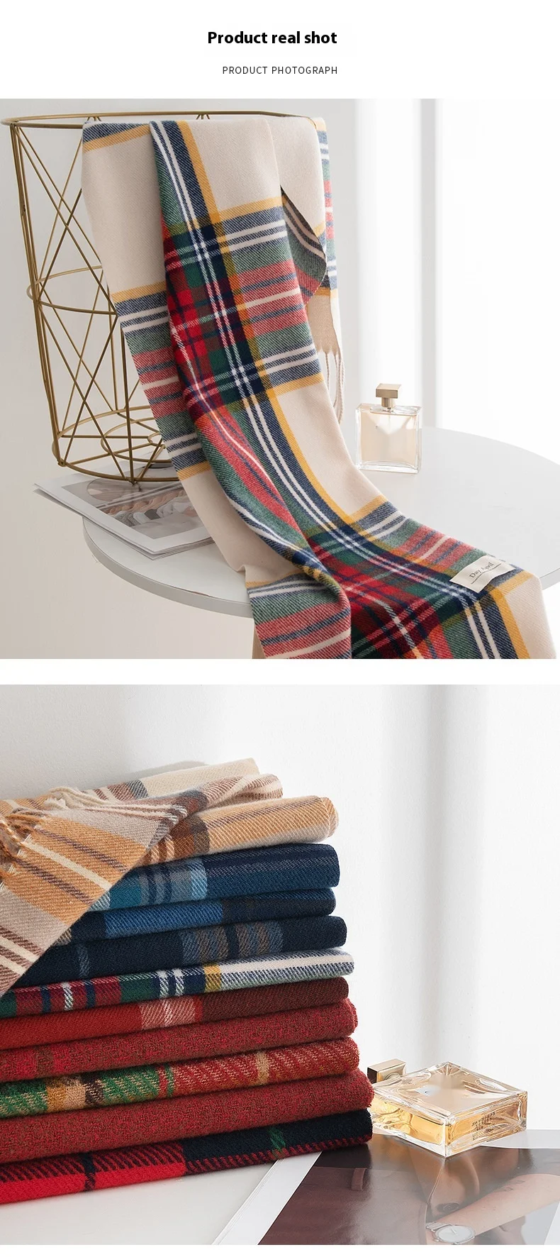 Sciarpa in cashmere con nappe da donna a quadri invernale_voghion.com