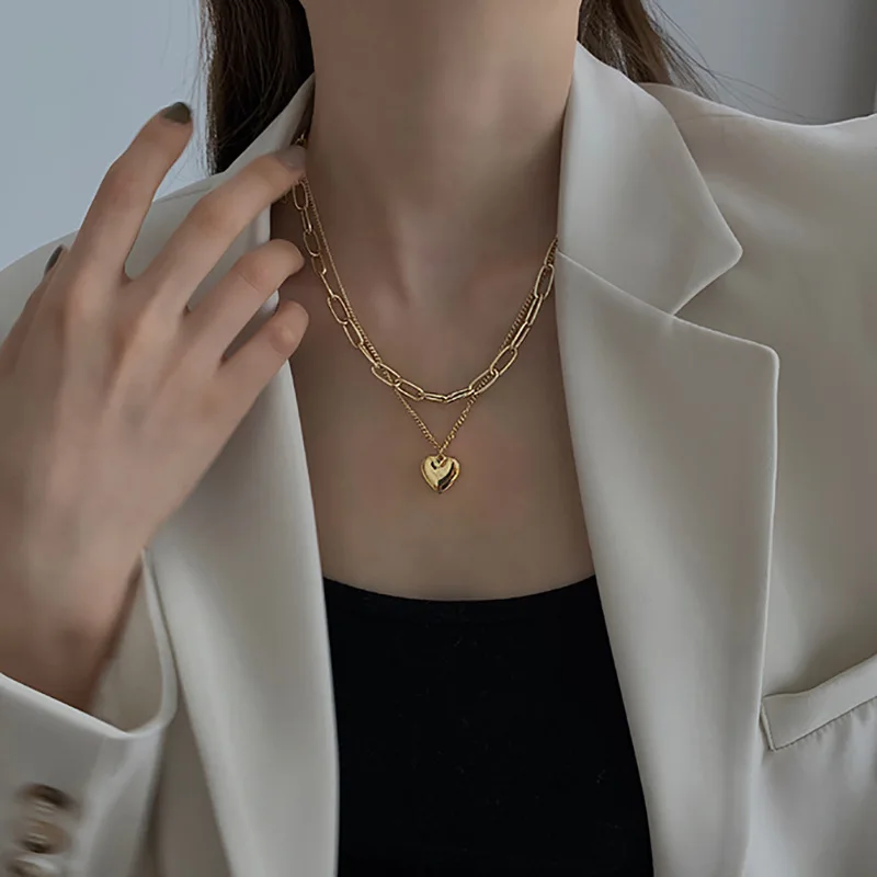 

Gold Color Double Layer Heart Necklace for Women Thin Clavicle Chain Elegant Charm Pendant Fashion Jewelry Gifts