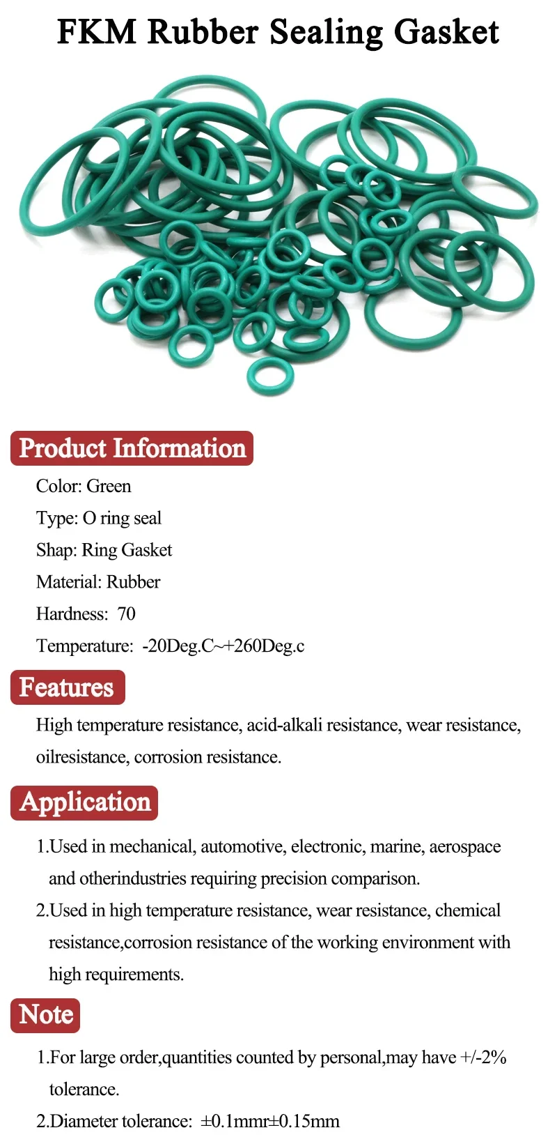 Description Picture 2 of item10pcs FKM O Ring Green CS 1/2/3.1/4mm OD 5-70mm Insulated Oil High Temperature Resistance Fluorine Rubber FKM O-Ring Seal Gasket