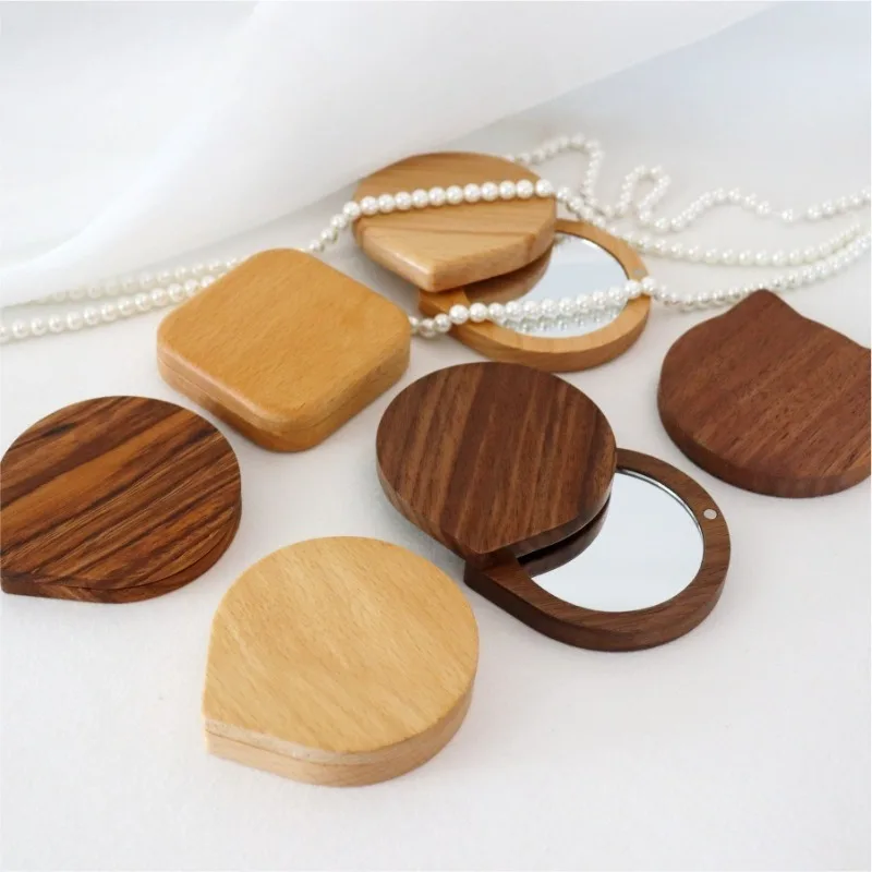 미니 블랙 월넛 우드 메이크업 거울 접이식 회전식 화장 거울 마그네틱 클로저 핸드헬드 컴팩트 포켓 거울