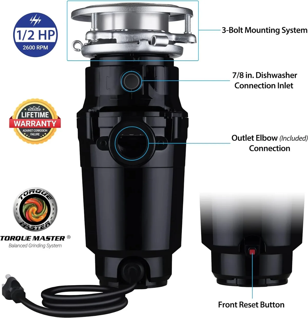 10-US-WM-058-3B Garbage Disposal Anti-Jam Stainless Steel Food Waste Grinding System, 1/2 HP Economy, Black | USA | NEW 2