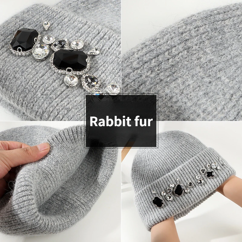 Real Rabbit Fur Winter Hats for Women Luxury Shiny Rhinestones Knitted Hat Casual Lady Warm Skullies Beanies Outdoor Cold Cap