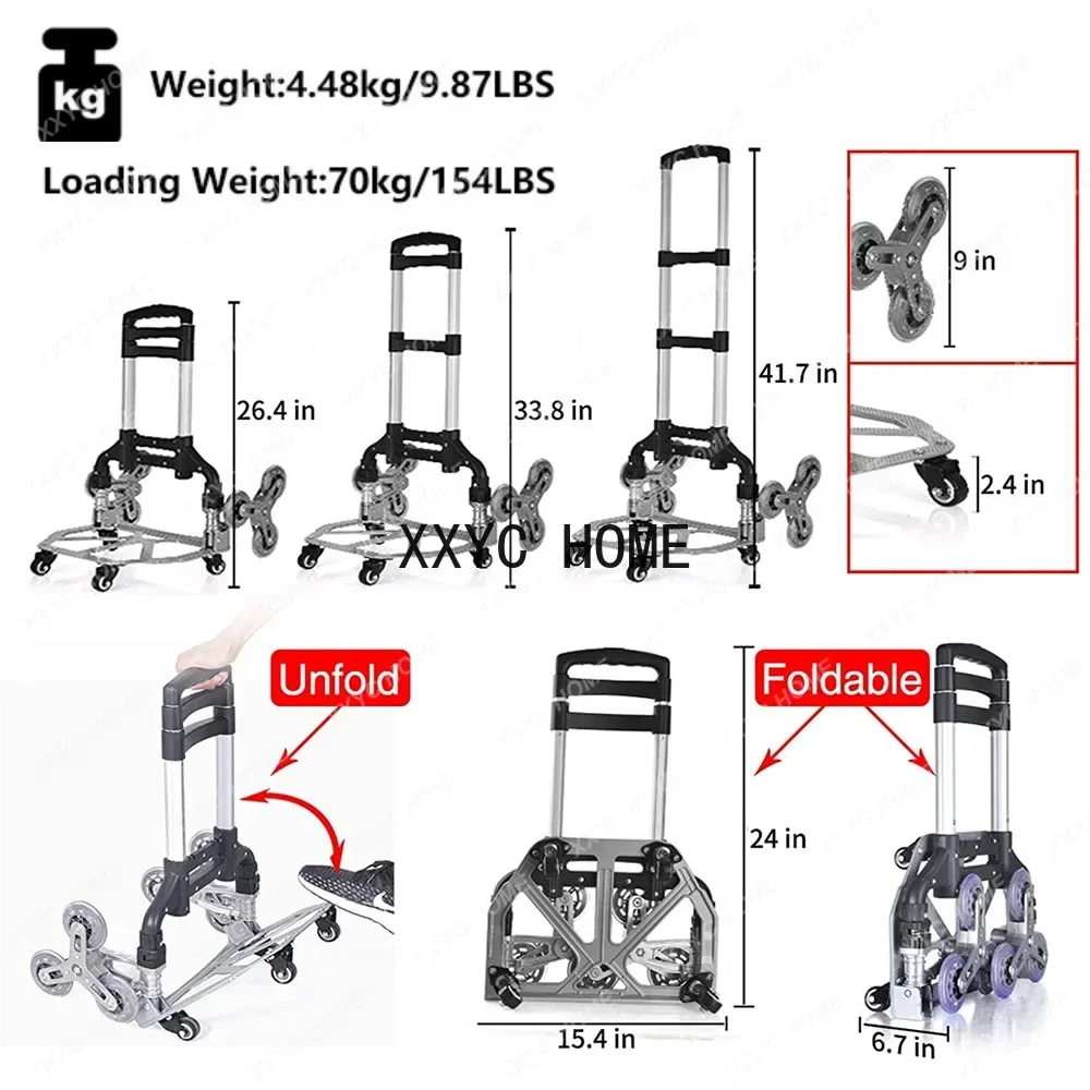 Lighten Up 150KG All Terrain Stair Climbing Cart Hand Truck with Bungee Cord Folding Trolley for Upstairs Cargo with Stroage Bag