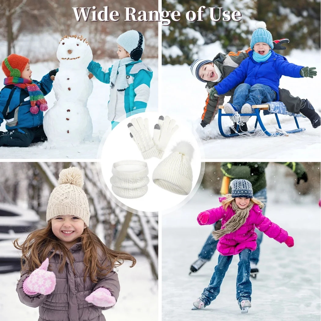 4Pcs Knitted Hat Scarf Gloves Set Winter Hat Scarf Gloves For Little Ones Lined Beanie Neck Warmer Winter For Kids