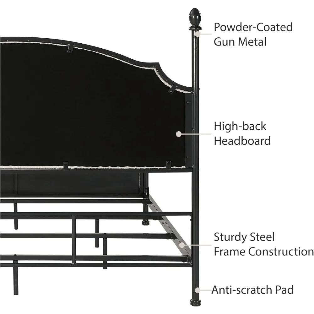 Modern Curved Metal Poster Bed King Size with Boucle Fabric Headboard and Panel Style Footboard, Gunmetal Black