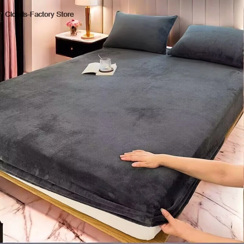 Winter Plush Elastic Fitted Sheet Double Bed Sheet Soft Warm Velvet Bedspread Mattress Cover Bed Protector 90 120 150 180 200 mattress cover,printed fitted sheet,printed bedspread,velvet bed cover