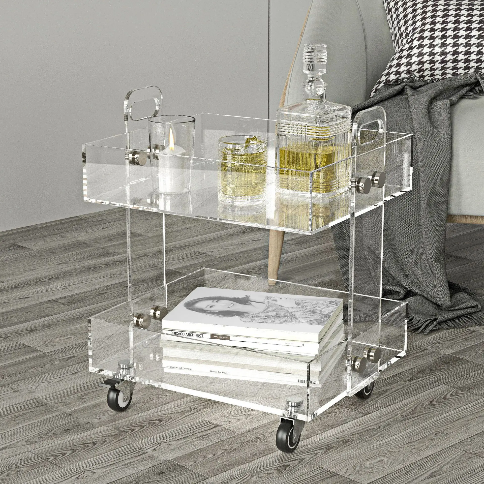 

Acrylic Transparent Angle Side Table 2-layer Storage Trolley Shelf Sofa Bedside Movable Silent Universal Wheel