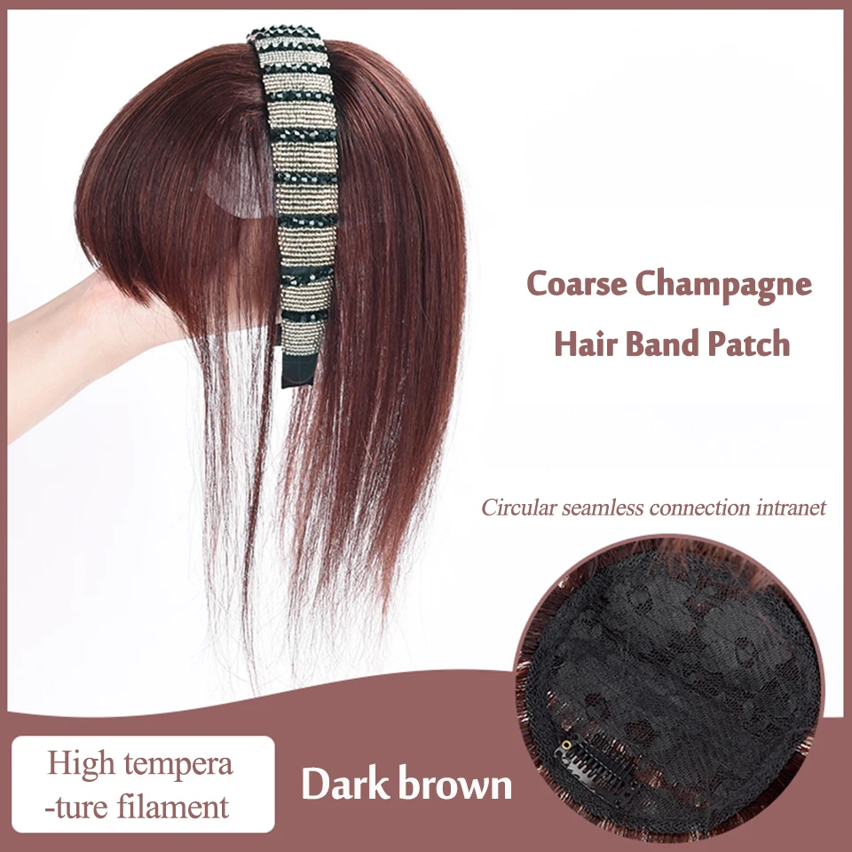 extensão para mulheres, franja completa, peruca reta, cabelo preto e castanho
