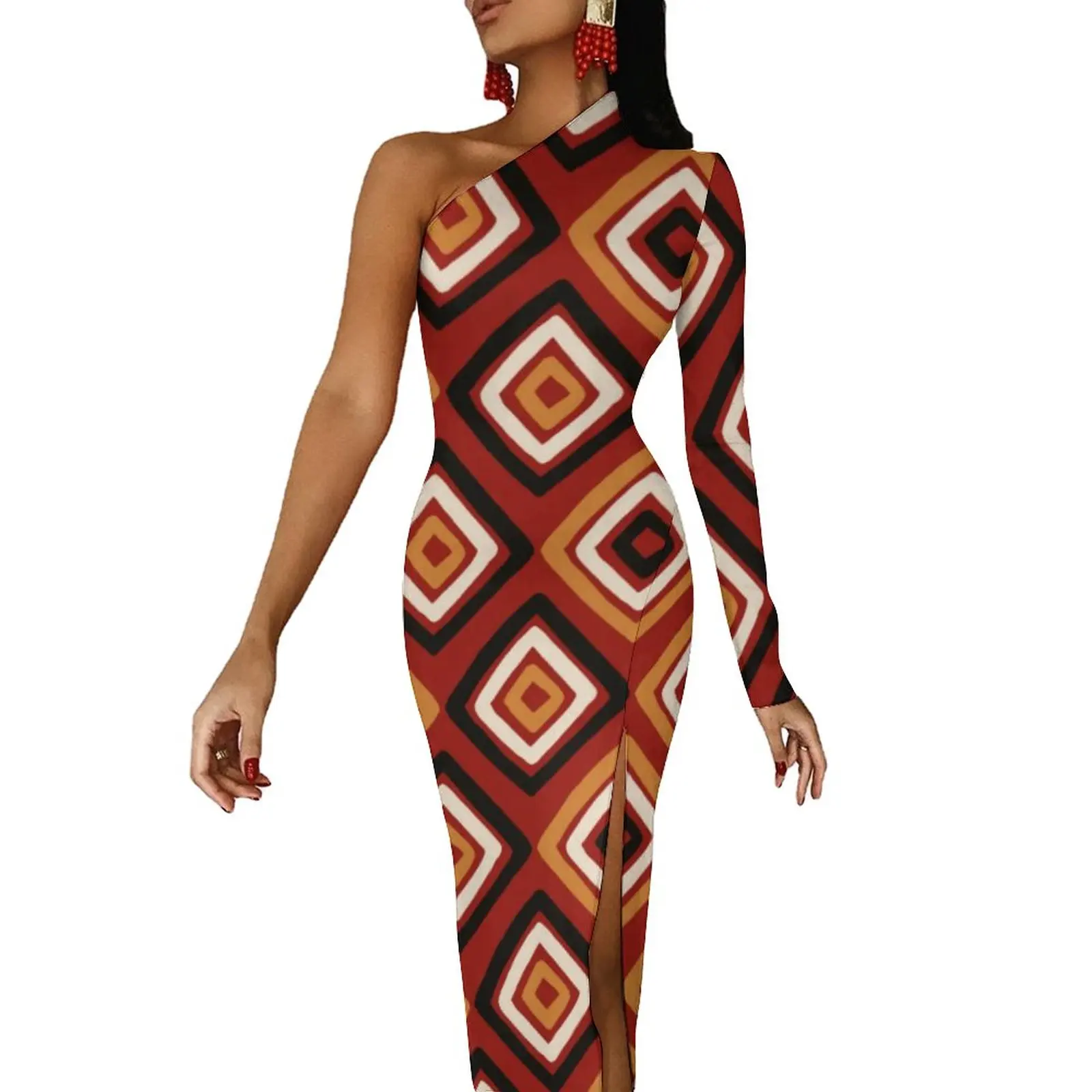 

African Styles Bodycon Dress Autumn Retro Geometry Sexy High Slit Long Dresses One Shoulder Custom Party Dress