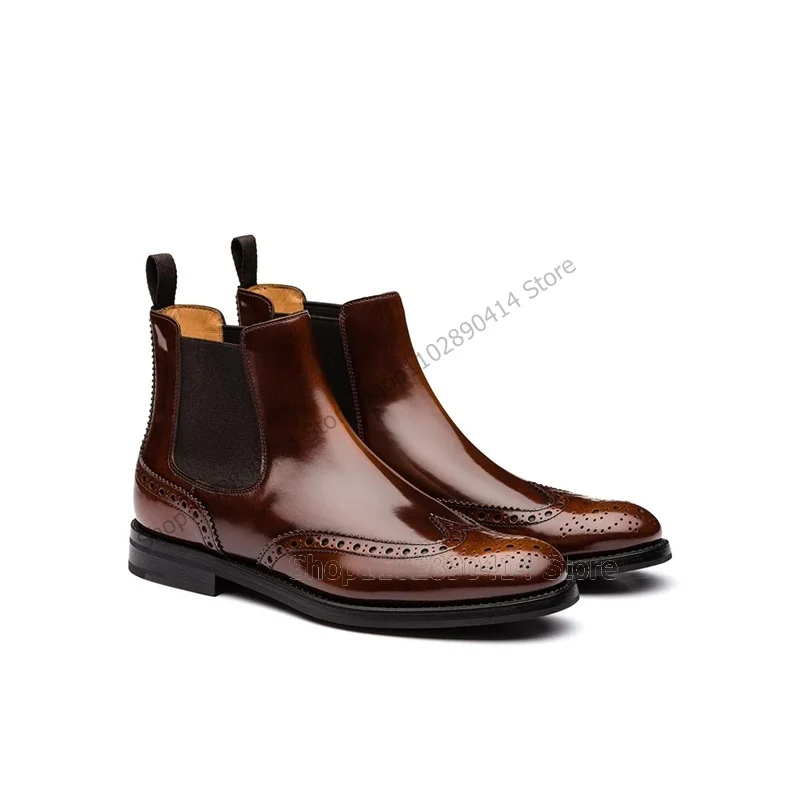 

Brown Patchwork Carving Design Ankle Boots Fashion Slip On Men Boots Luxury Handmade Party Feast Banquet Office Men Dress Shoes