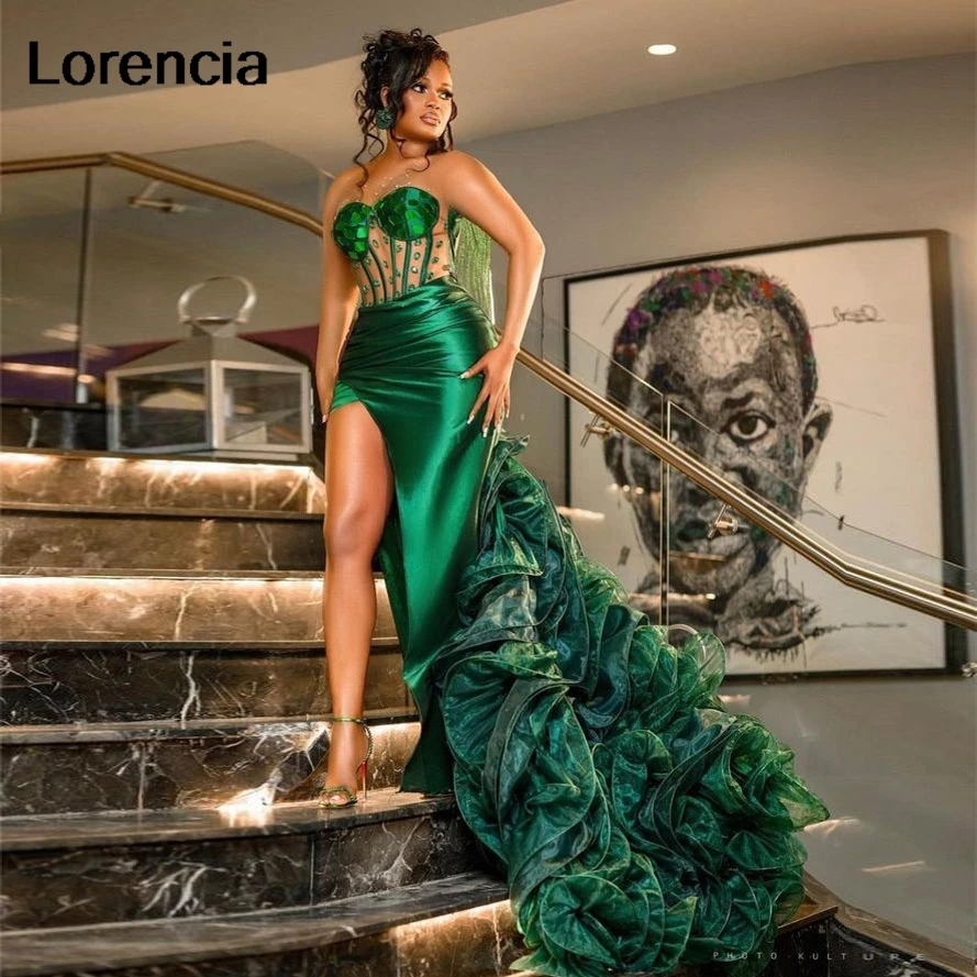 

Lorencia Emerald Green Aso Ebi Prom Dress Ruffles High Split Crystals Beads African Black Girl Evening Gown Robe De Soiree YPD17