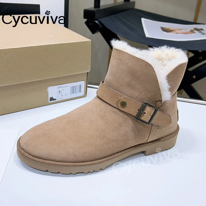 

Luxury Brand Wool Snow Boots Women Leather Belt Suede Leather Fur Shoes Winter Warm Ankle Boots For Women Rome Botas Mujer