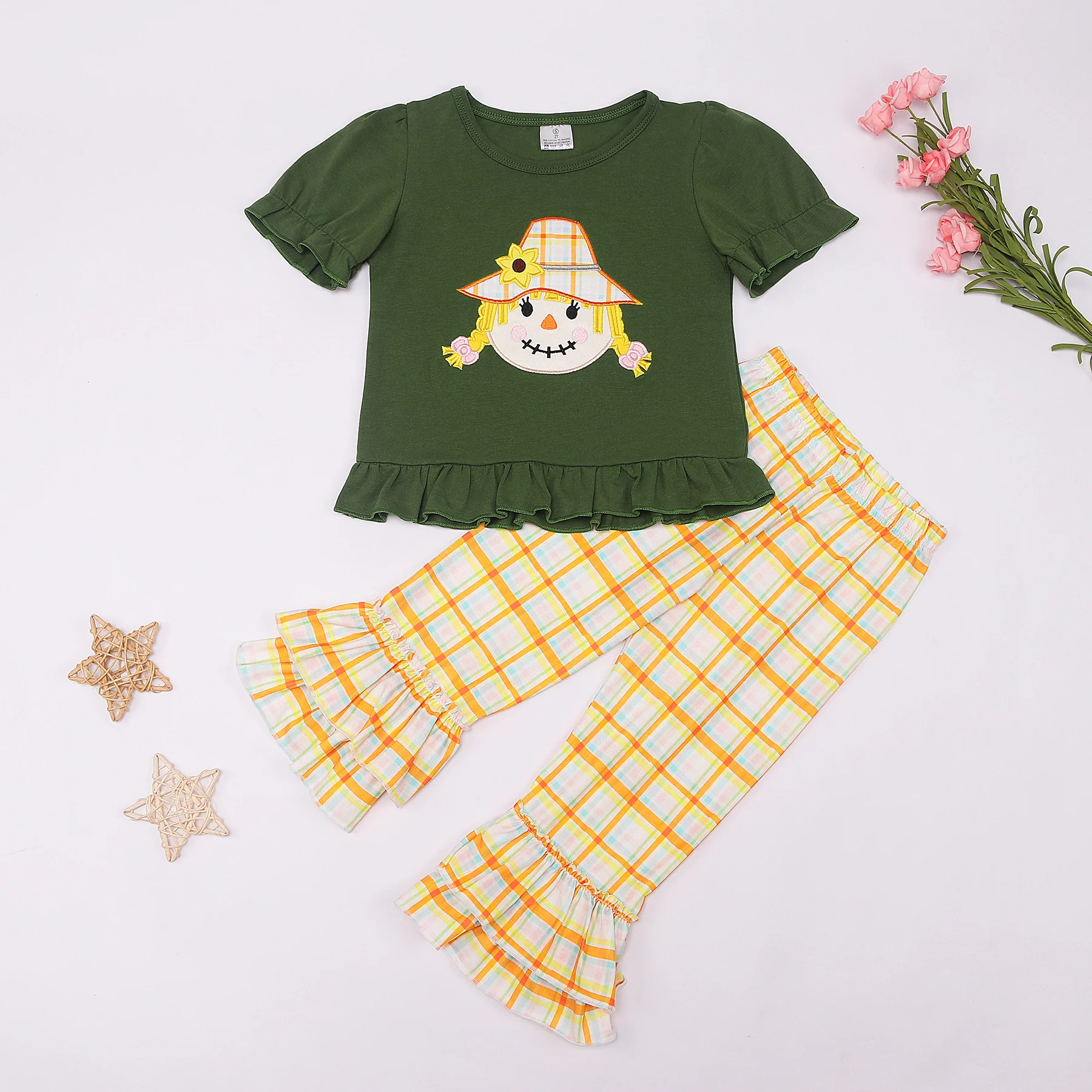 

2023 Fall 1-8T Outfits Baby Girl Clothes Set Toddler Lace Suit Scarecrow Embroidered Bodysuit Sleeve Shirts Bell-Bottoms Pants