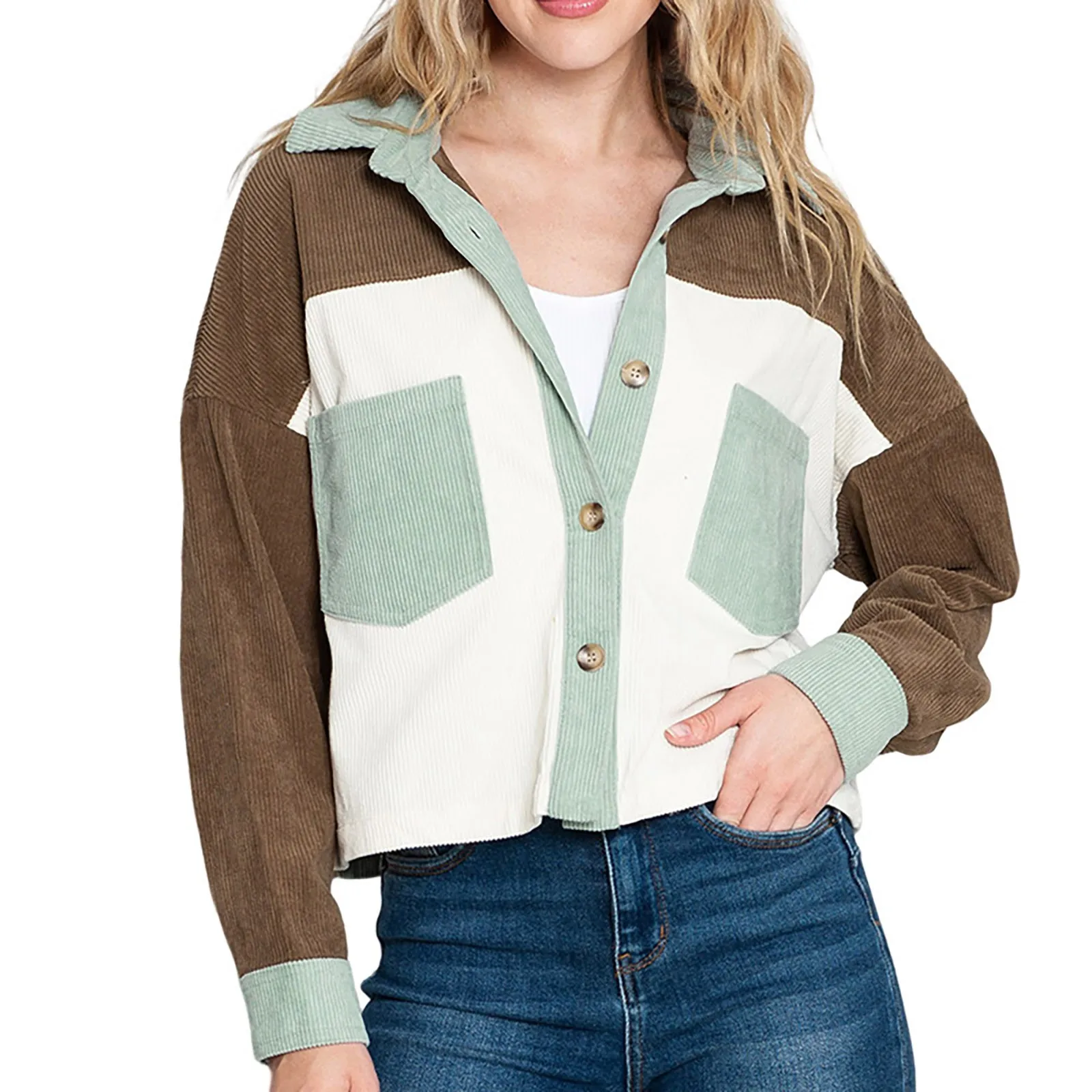 

Ladies Autumn Loose Colorblock Button Corduroy Jacket