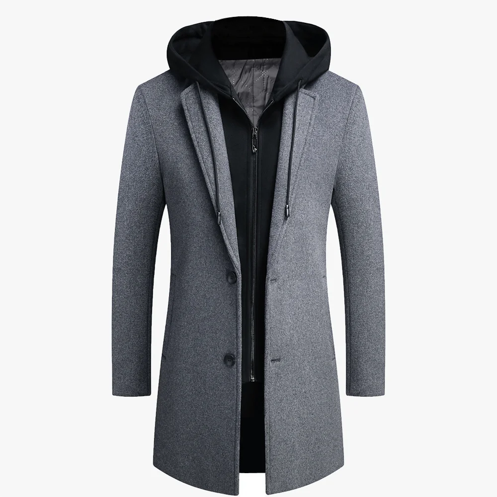 

2023 Autumn Winter Men's Wool Trench Coat Hooded Korea Style Warm Long Woollen Fashion Casual Slim Woolen Blend Jacket Men