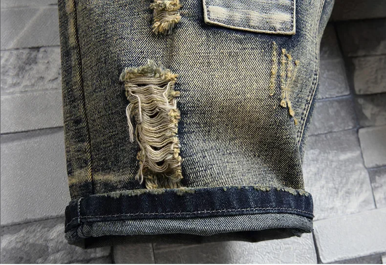 High Quality Men's Summer Holes Denim Shorts Jeans Men Straight Retro Shorts Jeans Men Knee Length Cowboy Size 40