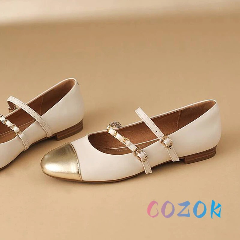 Fashion Patent Leather Stitching Metal Chain Double Front Strap Ballet Flats Round Toe Women Soft Soled Dress Shoes Summer 2