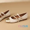 Fashion Patent Leather Stitching Metal Chain Double Front Strap Ballet Flats Round Toe Women Soft Soled Dress Shoes Summer 2