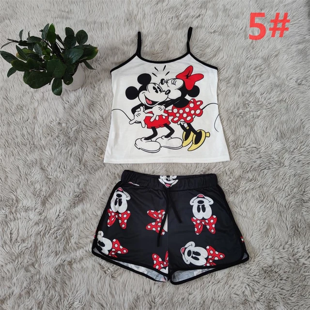 디즈니 캐주얼 여성 투피스 수트 - 카와이 미키 마우스 만화 프린트 Y2k 조끼와 함께 제공되는 여름 세트를 할인가에 만나보세요!