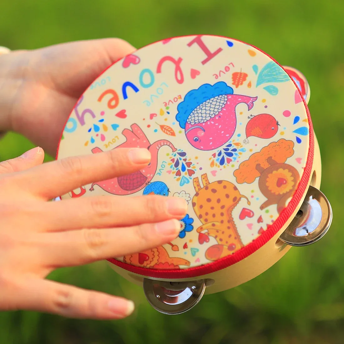 Tambourine Cartoon Handdrum 6 Inch Solid Wood Musical Drum Orff Percussion Instrument Children's Bell Drum Music Toy Gift