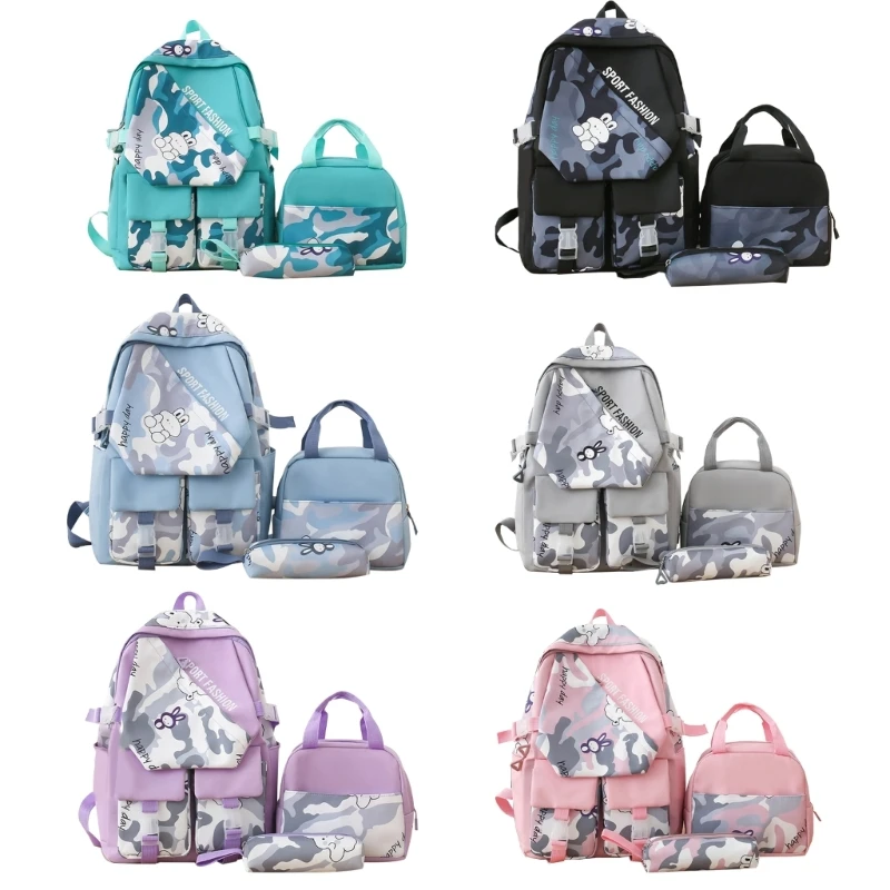 

Q0KE 3pcs Nylon School Backpack Set Girls School Bookbag with Lunch Box Pencil Case Teens Girls Schoolbag Travel Backpacks