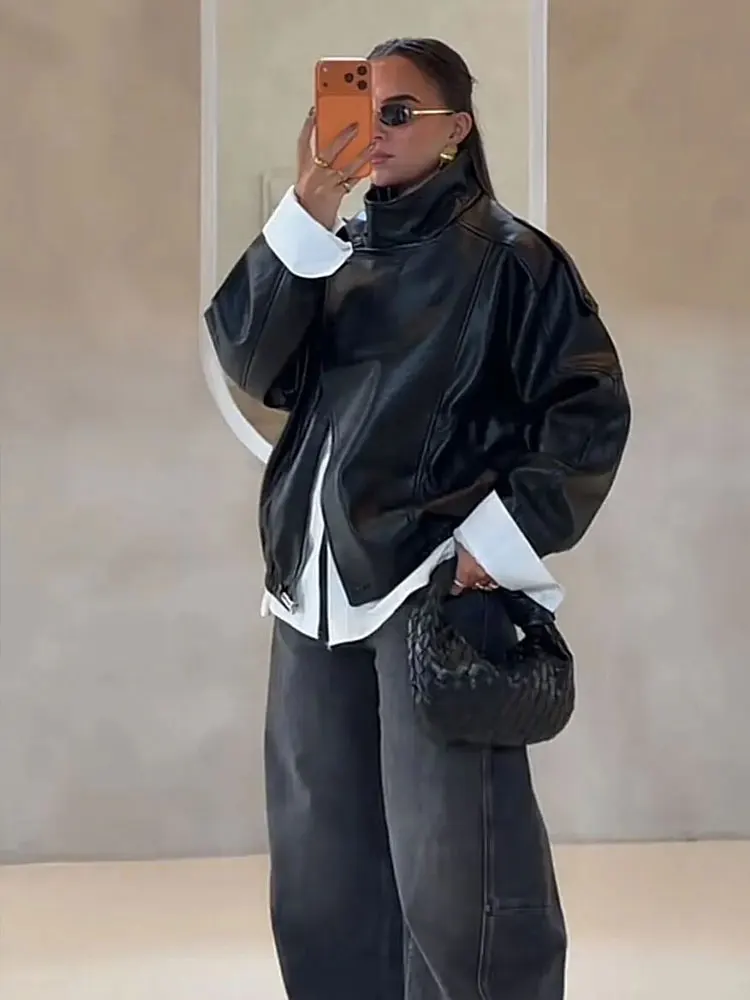 HH Women Fashion Pu Leather Bomber Jackets Stand Collar Long Sleeve Zipper Jacket Fashion High Street Lady Outwears Chic Coat