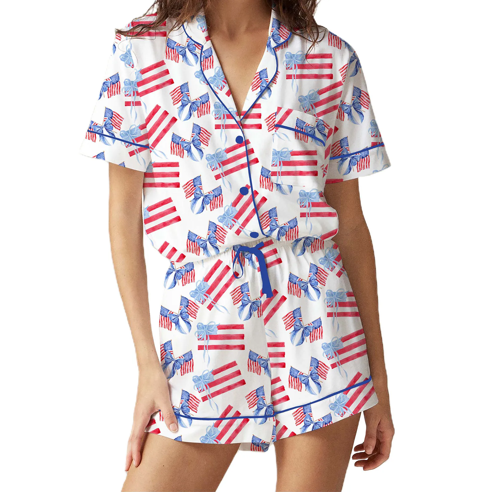 Conjunto de pijama feminino 4 de julho bandeira americana manga curta botão tops shorts de cintura elástica roupa de dormir de 2 peças 7