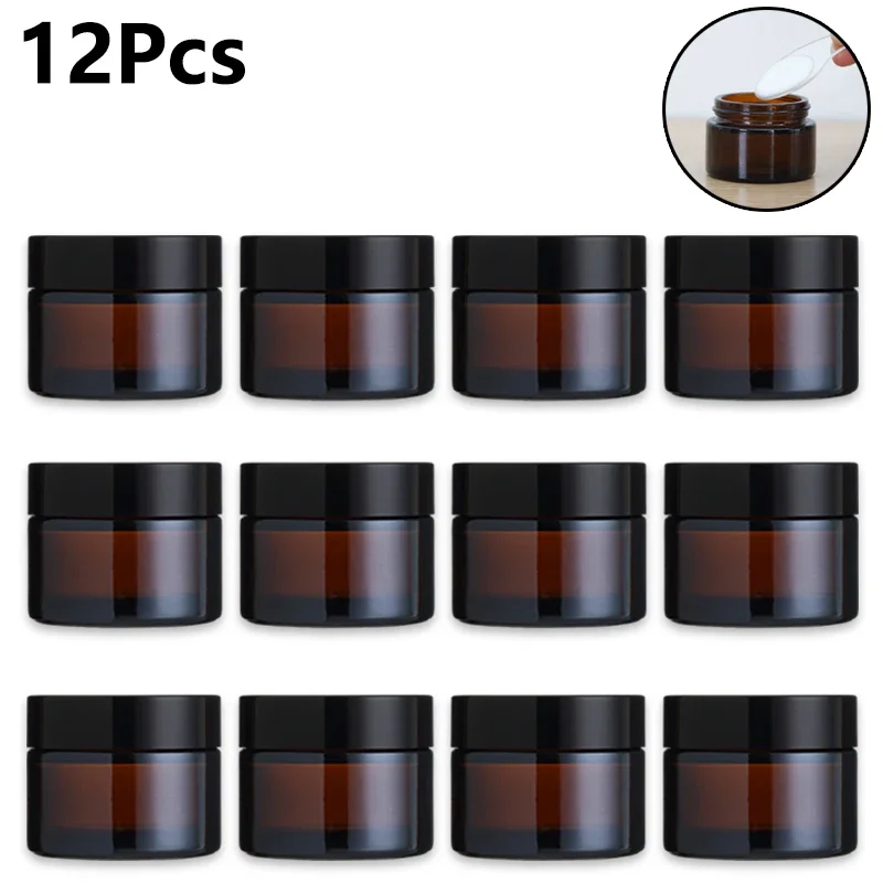 12Pcs 5/10/20/30/50g Amber Glass Jar Pots Refillable Lip Balm Sample Bottle Empty Face Cream Cosmetic Containers For Travel