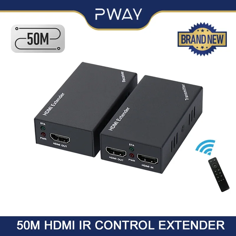 PWAY HDMI Over IP Extender RJ45 50M IR Remote Control Transmit Up to 1080P@60Hz Over Ethernet Cat5e Cat6 3D & EDID & POC Support