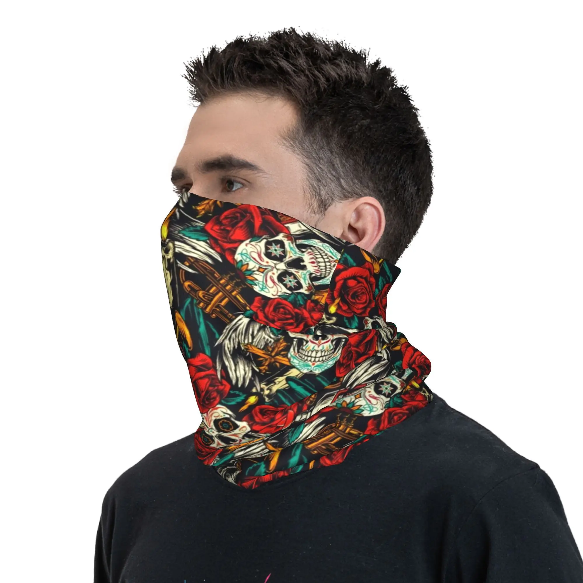 Mexican Sugar Skull Art Neck Gaiter Women Men UV Protection Winter Bandana Scarf for Hiking