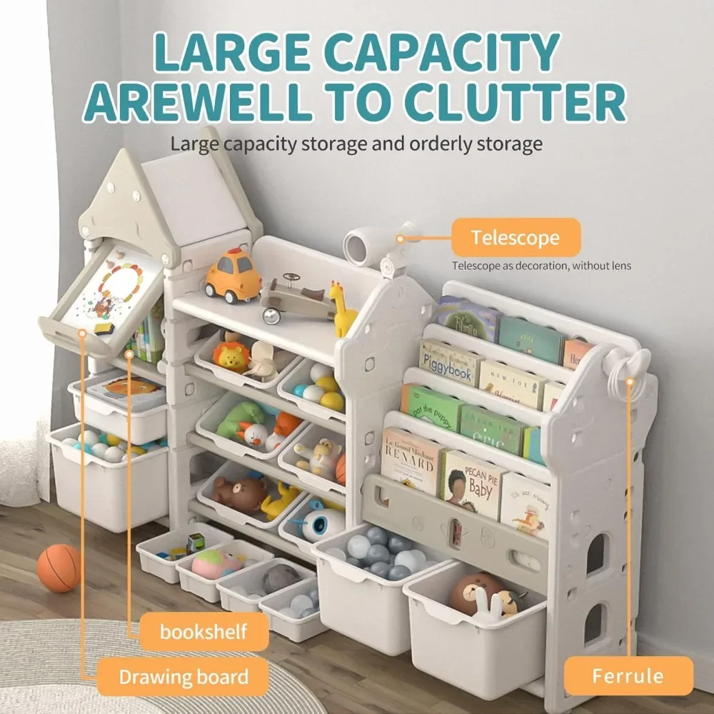 UNICOO-Kids Toy Storage Organizer and Children Bookshelf, with 14 Bins, Pull-Out Drawers Multipurpose Shelf for Toddlers