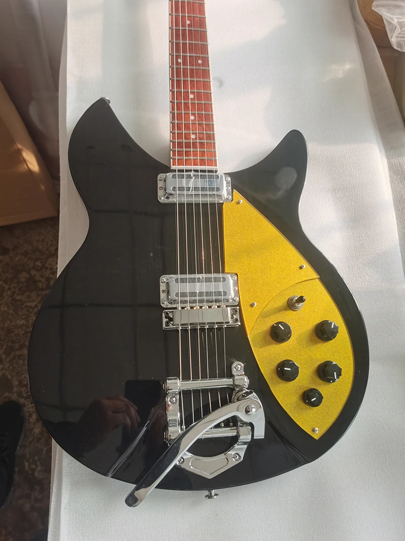 Black Rickenbacker 6-string electric guitar, two pickups, high quality guitar, vibrato bridge, yellow guard, in stock