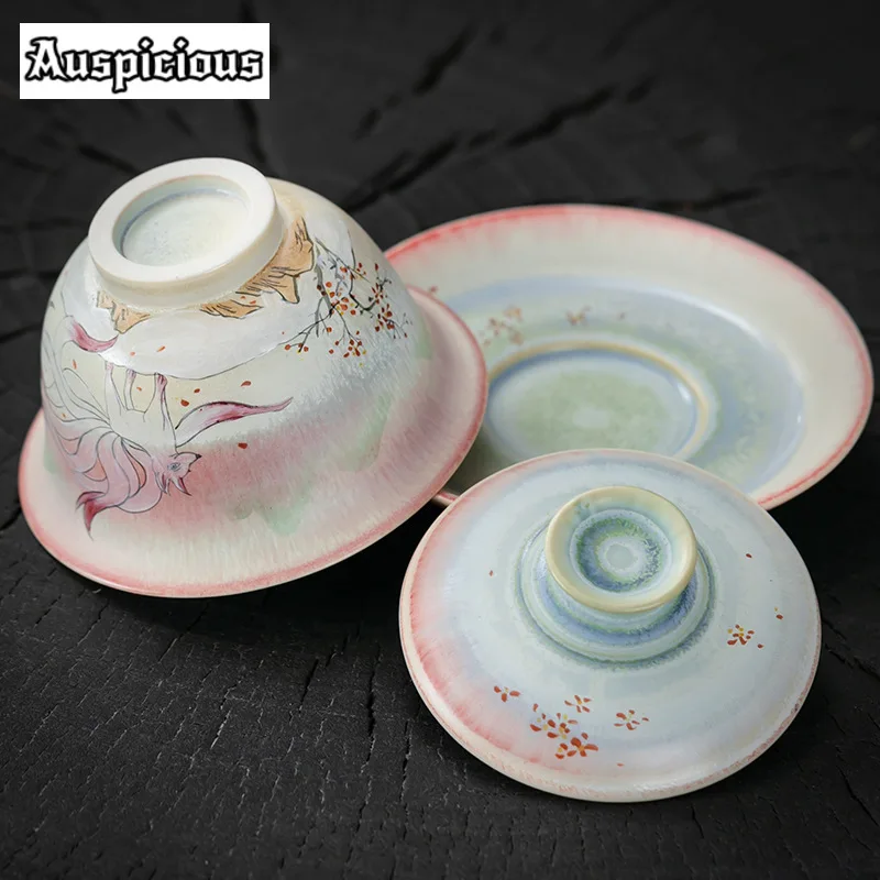 150ml Hand-painted Nine-tailed Fox Gaiwan Jingdezhen Kiln Change Wood-fired Porcelain Tea Tureen Tea Maker Cover Bowl Collection